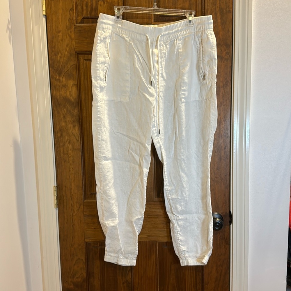 Athleta Retreat Linen High Rise Joggers, White, Size 16